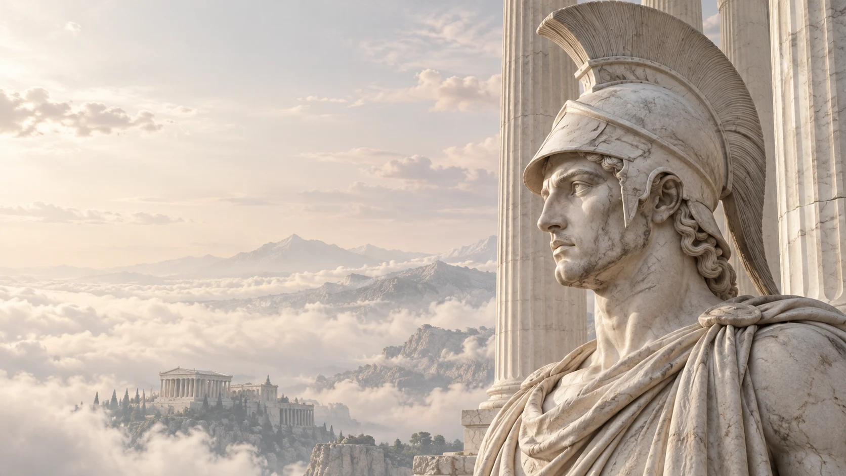 A monumental marble statue of Ares beside Greek columns above a sea of clouds.
