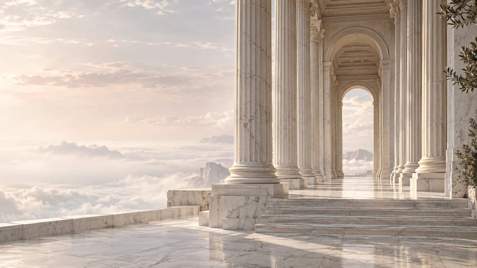 A sunlit marble colonnade leading to an arch that opens onto mountains and clouds.